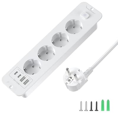Verzonken 4-voudig stopcontact met 2 USB en 2 USB-C, inbouwstopcontact met 2 meter kabel, ideaal voor thuis of kantoor