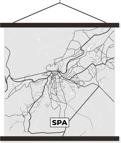 Posterhanger incl. Poster 60x60 cm - Schoolplaat - België – Spa – Stadskaart – Kaart – Zwart Wit – Plattegrond - Textielposter - Zwarte latten - Stadskaart