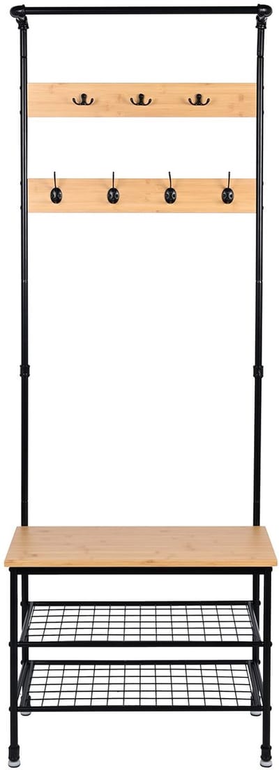 BEGRYF Kapstok met schoenenrek - bamboelook - met zitbank - 7 haken - 66x32x183 cm
