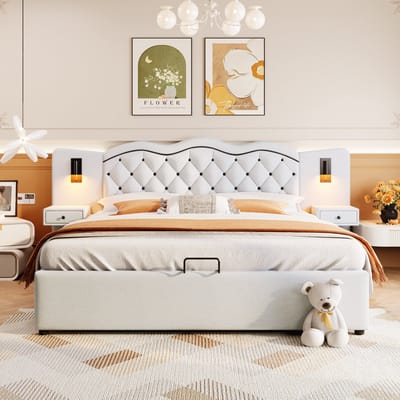 VVBV Gestoffeerd Bed met Opbergruimte 180x200 cm - Hydraulische Opbergruimte, Bureau, Hoofdbord, Leeslamp, USB - Beige
