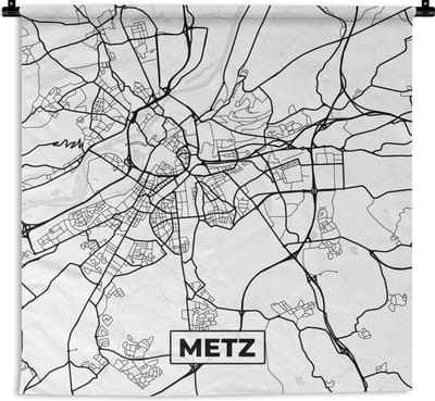 Wandkleed - Wanddoek - Frankrijk - Metz - Kaart - Plattegrond - Stadskaart - Zwart wit - 180x180 cm - Wandtapijt