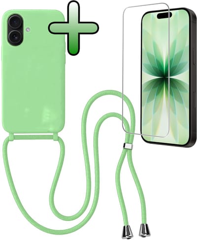 Hoes Geschikt voor iPhone 17 Hoesje Met Koord Met Screenprotector - Telefoonhoesje Geschikt voor iPhone 17 Backcover Met Afneembaar Koord - Groen