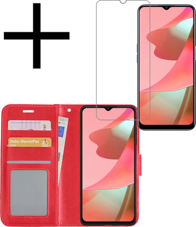 Hoesje - Met Screenprotector - Geschikt voor OPPO A16s - Luxe Pasjeshouder - Bookcase Portemonee - Flip Case - Kunstleer Book Case - Flipcase - Book Cover - Walletcase - Portemonneehoes - Rood