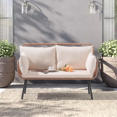 Loveseat voor Tuin en Balkon 2-Zits – 120x64x80 cm – Natuurlijk Rotan, Comfortabele Wit Kussens, Mid-Century Modern Design – Balkonbank, Terrasbank, Zwembadmeubel – Laura
