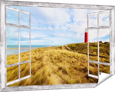 Gards Tuinposter Doorkijk Vuurtoren met Duinen in Texel - 150x100 cm - Tuindoek - Tuindecoratie - Wanddecoratie buiten - Tuinschilderij