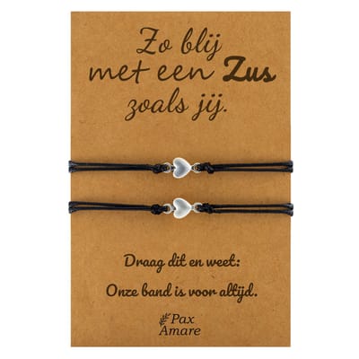 Vriendschapsarmbandjes voor 2 "Zo blij met een Zus zoals jij" - Kleine Hartjes - BFF Armbandjes met Cadeau Kaartje - Zwart & Zilverkleurig - Elastisch Verstelbaar - Pax Amare