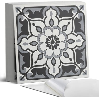 Coloray Plaktegels - Bloemenpatroon met ornamenten Portugese Tegels - 30 cm x 30 cm - Zwart Plaktegels - 9 stuks - Vierkant PVC Tegels - Plaktegels Keuken - Zelfklevende Vloertegels - Vinyl Tegels - Zelfklevende Tegels