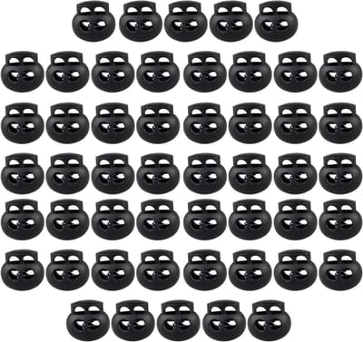 50 Stuks Dubbel Gat Koordsluiting Klemmen - Zwarte Plastic Toggle Stoppers voor Touwen, Camping, Hiking en Rugzakken