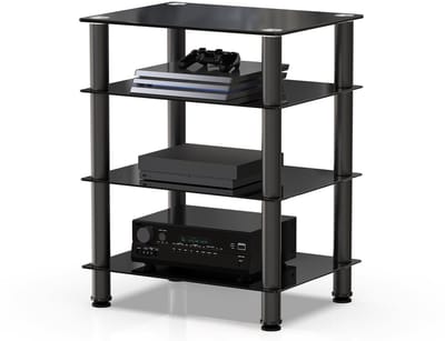 FITUEYES HiFi-rek van glas en aluminium, platenspeler rek met in hoogte verstelbare planken en verstelbare poten voor platenspeler, stereo-installaties en compacte installaties, 600 x 455 x 770 mm