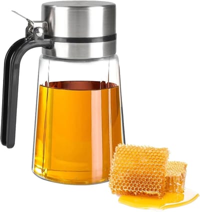 Glazen Dispenser 400 ml voor Honing met RVS Gietmond en Druppelvrij Deksel - Transparante Container voor Koffiebar, Keuken en Saladedressing