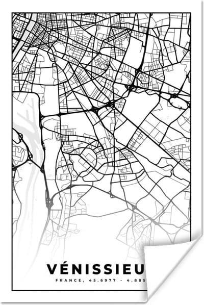Poster Vénissieux - Plattegrond - Kaart - Frankrijk - Stadskaart - Zwart wit - 120x180 cm XXL