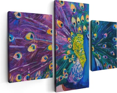 Artaza Canvas Schilderij Drieluik Pauw Met Kleurrijke Veren Van Olieverf - Abstract - 90x60 - Foto Op Canvas - Canvas Print
