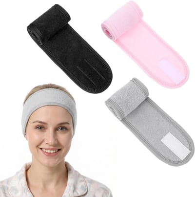 Cosmetica haarband voor dames - 3 stuks polyester haarbeschermingsband met klittenbandsluiting voor make-up, yoga en douchen in zwart, roze en grijs