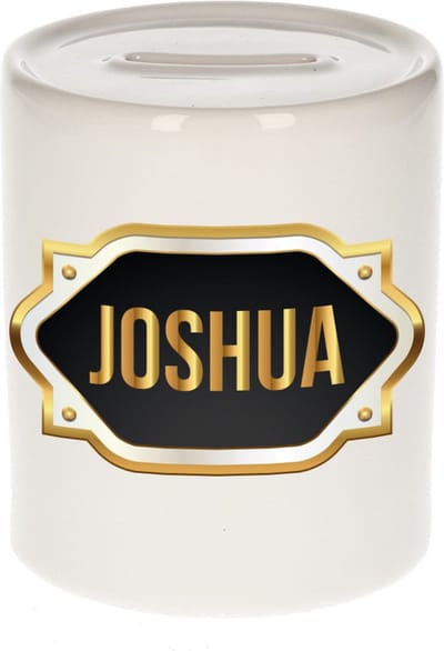 Spaarpot met voornaam Joshua - wit - met goud/zwart embleem - 8 x 9 cm - keramiek - met afsluitdop - cadeau verjaardag