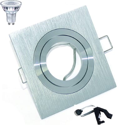 Inbouwspot vierkant geborsteld metaal met Philips CorePro LEDspot MW Dimbaar GU10 5-50W/4000K, 380lm. Set van 1 stuk. Boormaat 71-76mm. Buitenmaat 92mm