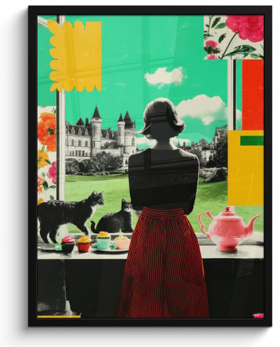 Poster in lijst - Fotolijst 60x80 cm - Posters - Vrouw - Keuken - Katten - Doorkijk - Posterlijst zwart - Decoratie - Wanddecoratie woonkamer - Muurdecoratie slaapkamer