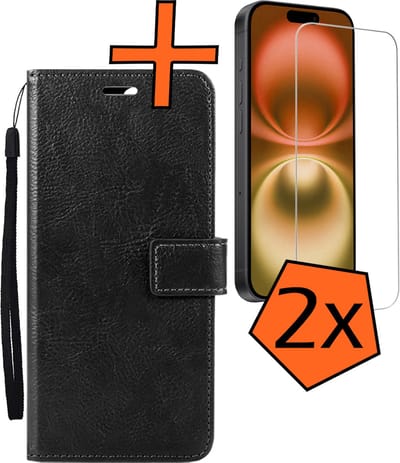 Hoes - Met 2x Screenprotector - Geschikt voor Apple iPhone 16 - Luxe Pasjeshouder - Bookcase Portemonee - Flip Case - Kunstleer Book Case - Flipcase Hoes - Book Cover - Walletcase - PortemonneeHoes - Zwart