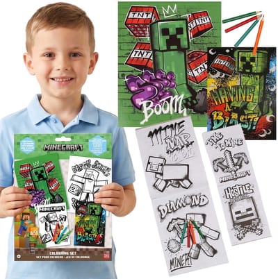Minecraft Creatieve set voor kinderen, knutselset om in te kleuren, kleurpotloden + kleurplaten