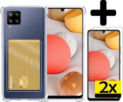 Hoesje - Geschikt voor Samsung Galaxy A42 - Met 2x Screenprotector - Pashouder - Kaarthouder - Telefoon Hoes Shockproof - Siliconen Case - Back Cover - Shock Proof - Pasjes Houder - Telefoonhoesjes - Transparant