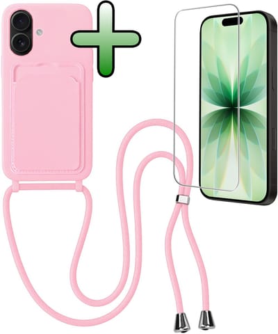 Hoes Geschikt voor iPhone 17 Hoesje Pas Houder Case Hoes Met Koord Met Screenprotector - Hoesje Geschikt voor iPhone 17 Hoes Met Telefoonkoord Pasjeshouder Cover - Lichtroze