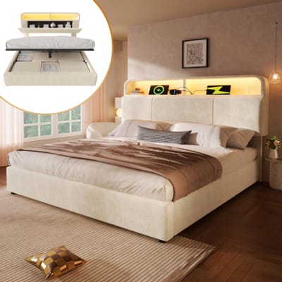 Gutent-Gestoffeerd tweepersoonsbed 140x200 cm-met in hoogte verstelbaar opberghoofdeinde-beige-zonder matras