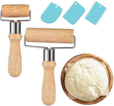 Dailygoods - Deegroller, 2 stuks, hout, kleine en middelgrote rolling pins, deegroller, klein met 3 stuks deegschrapers, deegroller, deegroller, klein, deegroller, hout, T-vormige rolstaaf voor cake, pizza, bakken