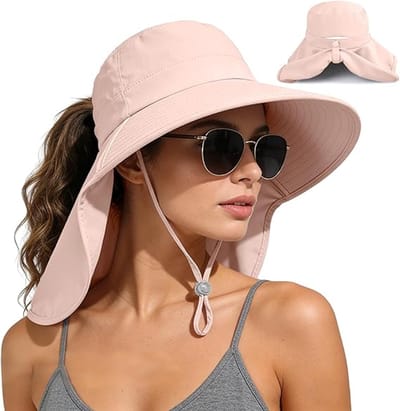 SnelShoppen - Zonnehoed dames met gat voor paardenstaart, UPF 50+, outdoor vissershoed met nekbescherming, roze, maat 53-60 voor camping en tuin