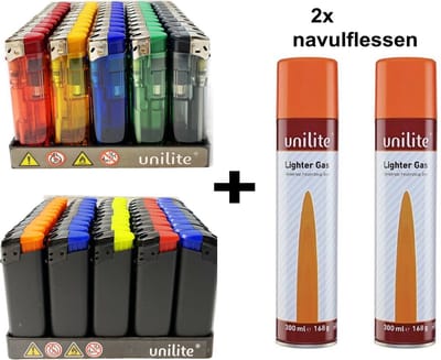 Klik Aanstekers - 100 stuks - Unilite electronic lighter - navulbaar aansteker + 2 gasflessen