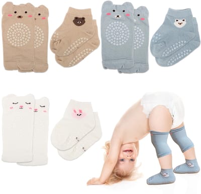 Kniebeschermers en sokken voor baby's, antislip, voor kinderen, elastische kruipsokken voor baby's, comfortabel en ademend, voor baby's van 0-12 maanden, wit, blauw, kaki, S
