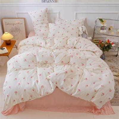 Tweepersoons Dekbedovertrek 240x220 - Wit met Roze Tulpen en Bloemen Print - Microvezel Beddengoed Set met Rits en Kussenslopen 48*74 cm - Slaapkamer Decor voor Tiener en Volwassene