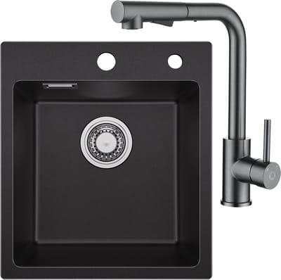 SOFETIY MAX Granieten Spoelbak voor keuken 40x45CM - Enkele Spoelbakken Met Keukenkraan Met Uittrekbare Uitloop - Onderbouw Spoelbak Antraciet - Met waterafvoersysteem - Voor 45 cm Kast