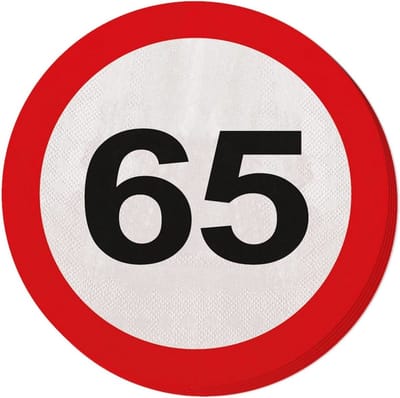 60x 65 jaar leeftijd themafeest servetten verkeersbord 33 cm rond - Vijfenzestigste/65e verjaardag papieren wegwerp tafeldecoraties