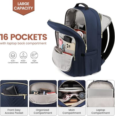 Famanu - Laptoprugzak voor dames, 15,6 inch, laptoptas, rugzak, waterdicht, schoolrugzak, meisjes, tieners, rugzak, met laptopvak, USB-oplaadaansluiting, voor zaken, reizen, school, blauw