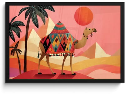 Poster in lijst - Fotolijst 60x40 cm - Posters - Kameel - Pyramides - Rode zon - Posterlijst zwart - Decoratie - Wanddecoratie woonkamer - Muurdecoratie slaapkamer