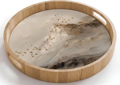 Dienblad rond 40x40 cm - Schootdienblad hout - Berglandschap - Mist - Penseelstreken - Borrelplank rechthoek - Plateau houten dienbladen