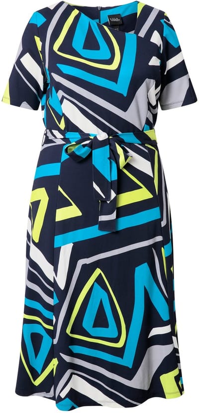 Ulla Popken - Dames - Midi-jurk grafische print V-hals korte mouwen - Marine - Maat 50+