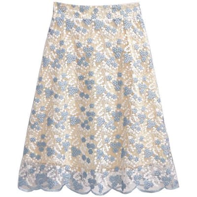 Printemps et été Robe mi-longue brodée de fleurs fragmentées Robe en dentelle Robe de longueur moyenne A-line Large Swing Slim Fit Robe de fée 3XL bleu
