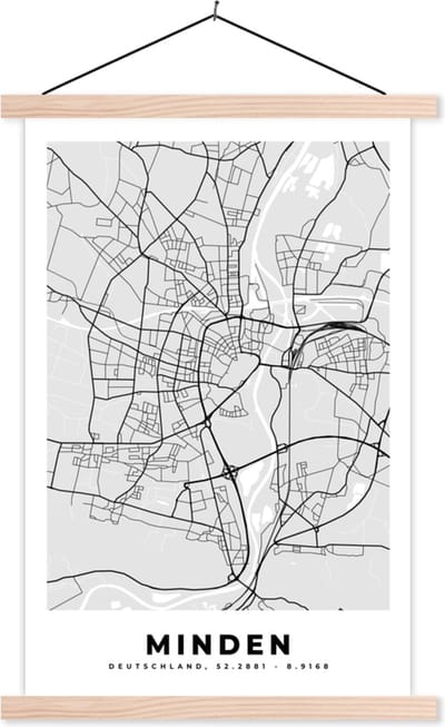 Posterhanger incl. Poster 40x60 cm - Schoolplaat - Duitsland - Plattegrond - Minden - Kaart - Stadskaart - Textielposter - Blanke latten - Stadskaart
