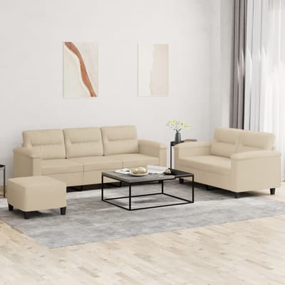 vidaXL - 3-delige - Loungeset - met - kussens - microvezelstof - crèmekleurig