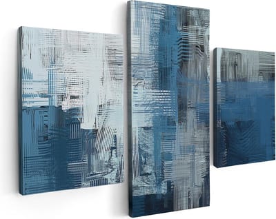 Artaza Canvas Schilderij Drieluik Abstracte Kunst - Blauw Witte Penseelstreken - 90x60 - Foto Op Canvas - Canvas Print