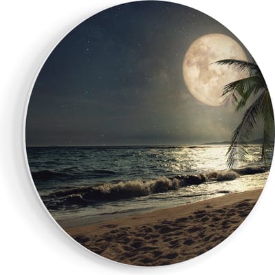 Artaza Forex Muurcirkel Tropisch Strand In De Nacht Met Volle Maan - 80x80 cm - Groot - Wandcirkel - Rond Schilderij - Wanddecoratie Cirkel