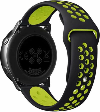 Strap-it 20mm - sport bandje geschikt voor Samsung Galaxy Watch 42mm / Active (2) - 40 & 44mm / Watch 3 41mm / Watch 4 (Classic) / Watch FE / Galaxy Watch 5 / 5 Pro / Galaxy Watch 7 (40 & 44mm) / Watch 6 (Classic) / Gear Sport - zwart/geel