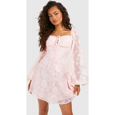 boohoo Dames Getextureerde mini-jurk met ballonmouwen in melkmeisjestijl | Pink | Maat: 12
