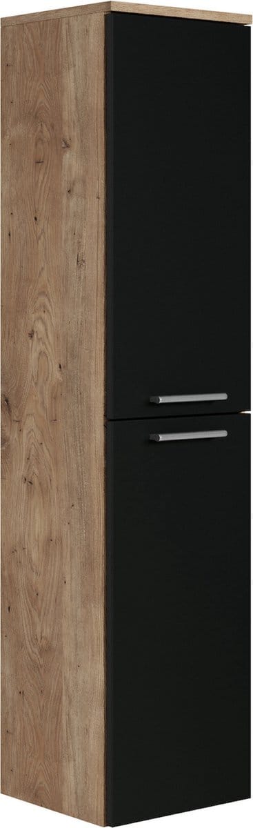 Badplaats Badkamerkast Saturnus 35 x 35 x 130 cm – Kastanje Eiken met Zwart – Hangende Kolomkast met Twee Deuren