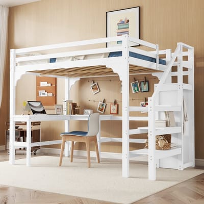 STILVORA Halfhoogslaper 140x200 cm – Hoogslaper Met L-vormig Bureau & Opbergtrap – Open Kledingrek Voor Studeren – Grenenhout;MDF – Zonder matras – Wit