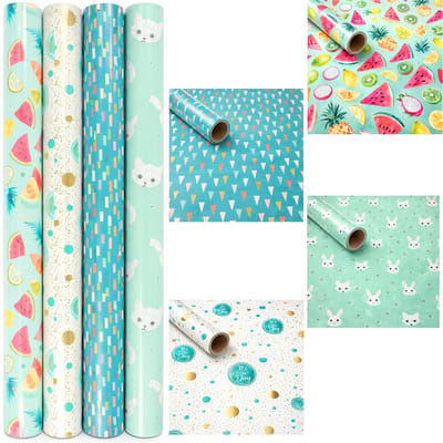 Cadeaupapier Set 4 Rollen – 200 x 70 cm per Rol – Luxe en Vrolijke Designs – Extra Stevig Inpakpapier voor Cadeaus