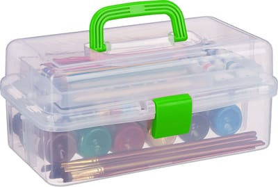 opbergbox - 9 vakjes - naaikoffer - gereedschapskist - knutselspullen - 14x33x19,5 cm - transparant-groen