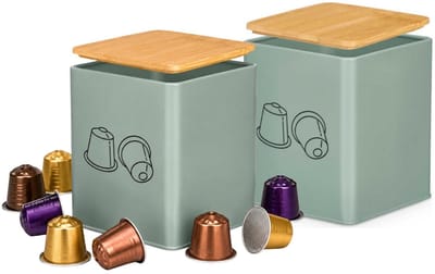 Kinvara Koffie cups/capsules houder - 2x - metaal - 14 x 14 x 16 cm - voor 50 capsules - groen