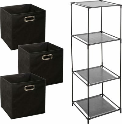 Kastmandjes/opberg manden - zwart - 3x stuks van 29 Liter - In metalen rekje van 34 x 98 cm