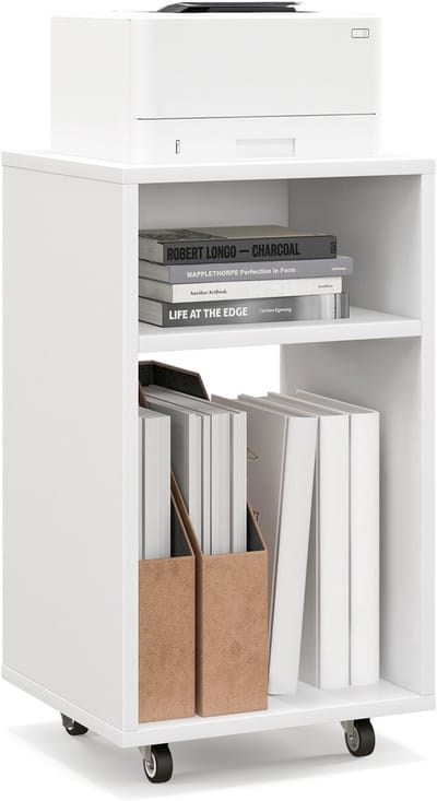 COSTWAY Printertafel met wieltjes, mobiele rolcontainer met 2 open planken, printerstandaard, kantoorwagen, wit, voor thuis en op kantoor, 33 x 30 x 58 cm